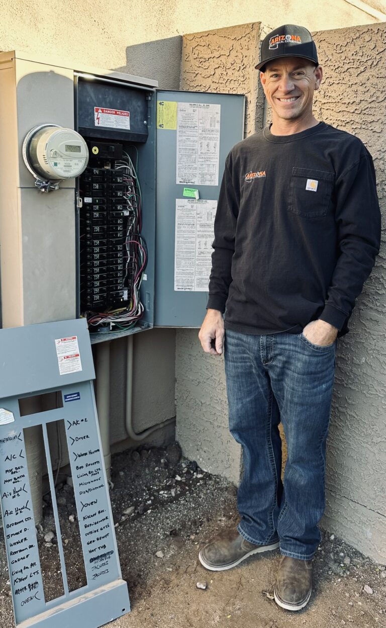 Nicholas Estelle, licensed electrician and owner of Arizona Electrical Experts, beside an electrical panel